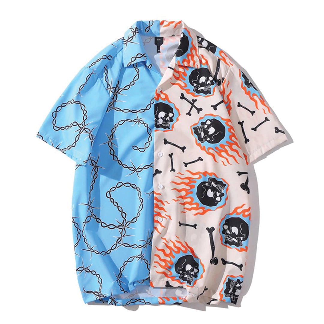 Black cotton camp collar shirt with split panel skull graphic artwork, regular fit streetwear design