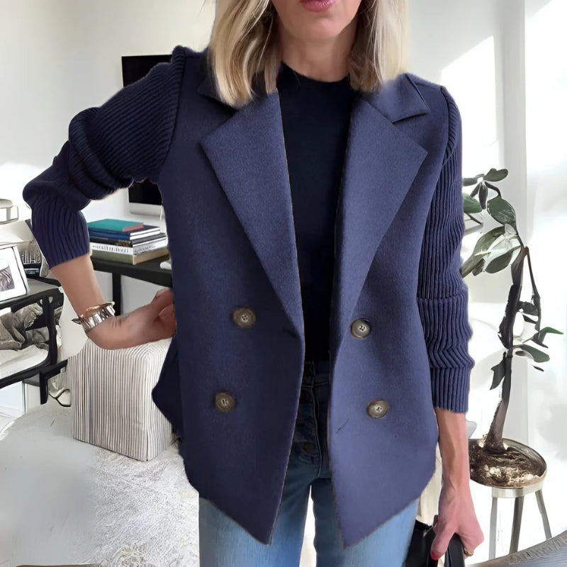 Women's soft knit blazer cardigan in neutral tone, structured double-knit fabric with plush flexible fit