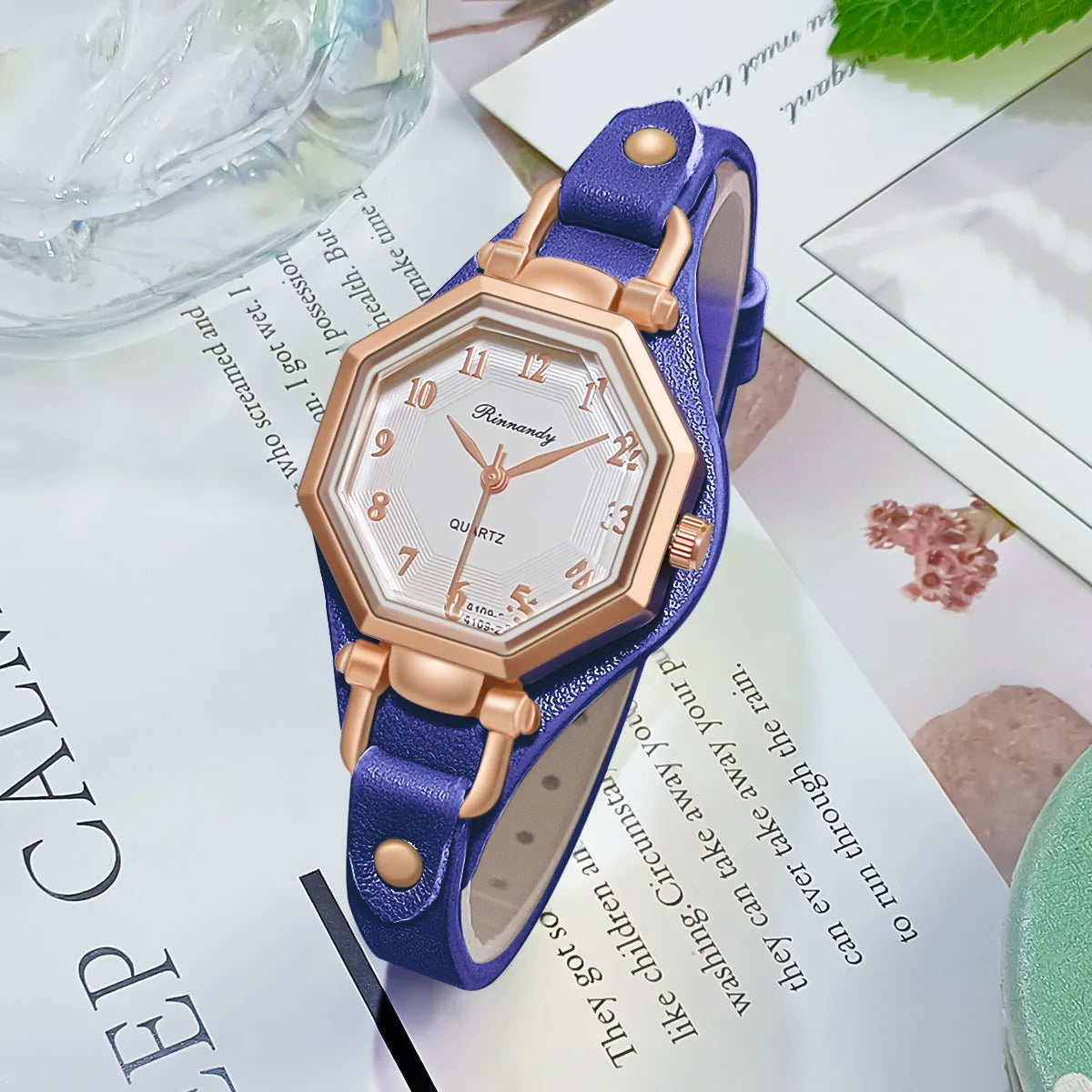 Bellezza women's rose gold hexagon case quartz watch with leather strap, modern geometric design