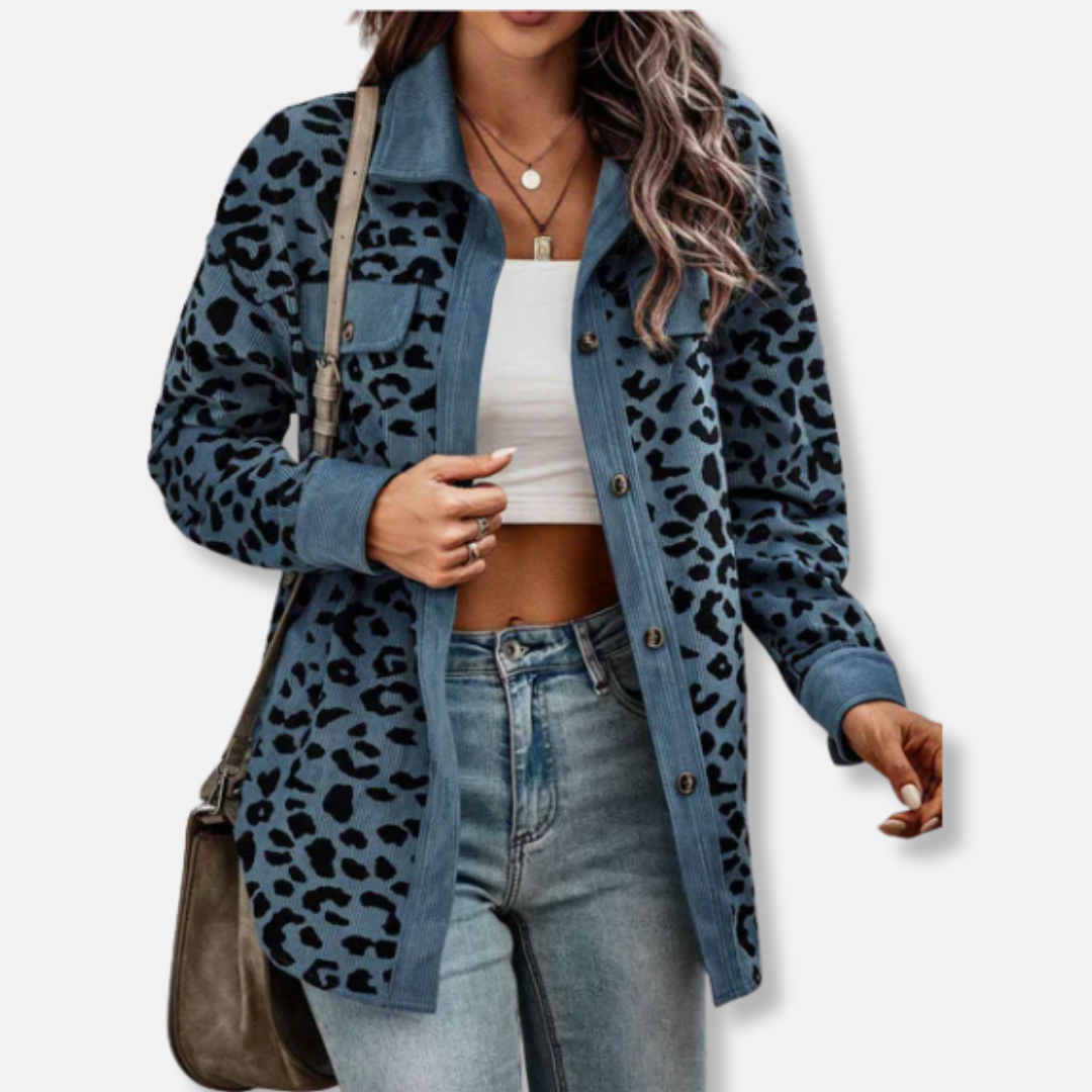 Women's relaxed fit corduroy shacket bold animal print ribbed texture button-up long sleeve