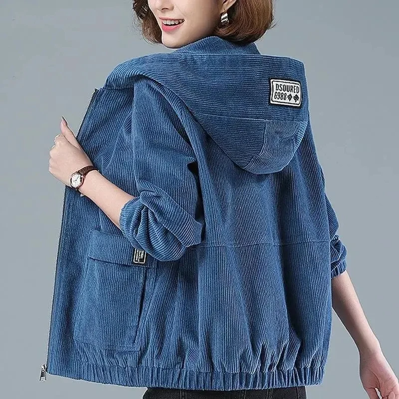 Women's hooded corduroy jacket relaxed fit lightweight soft-touch textured layer in neutral tone