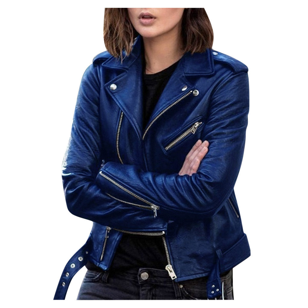 Women's black biker jacket asymmetric zipper belted waist sleek fitted moto style