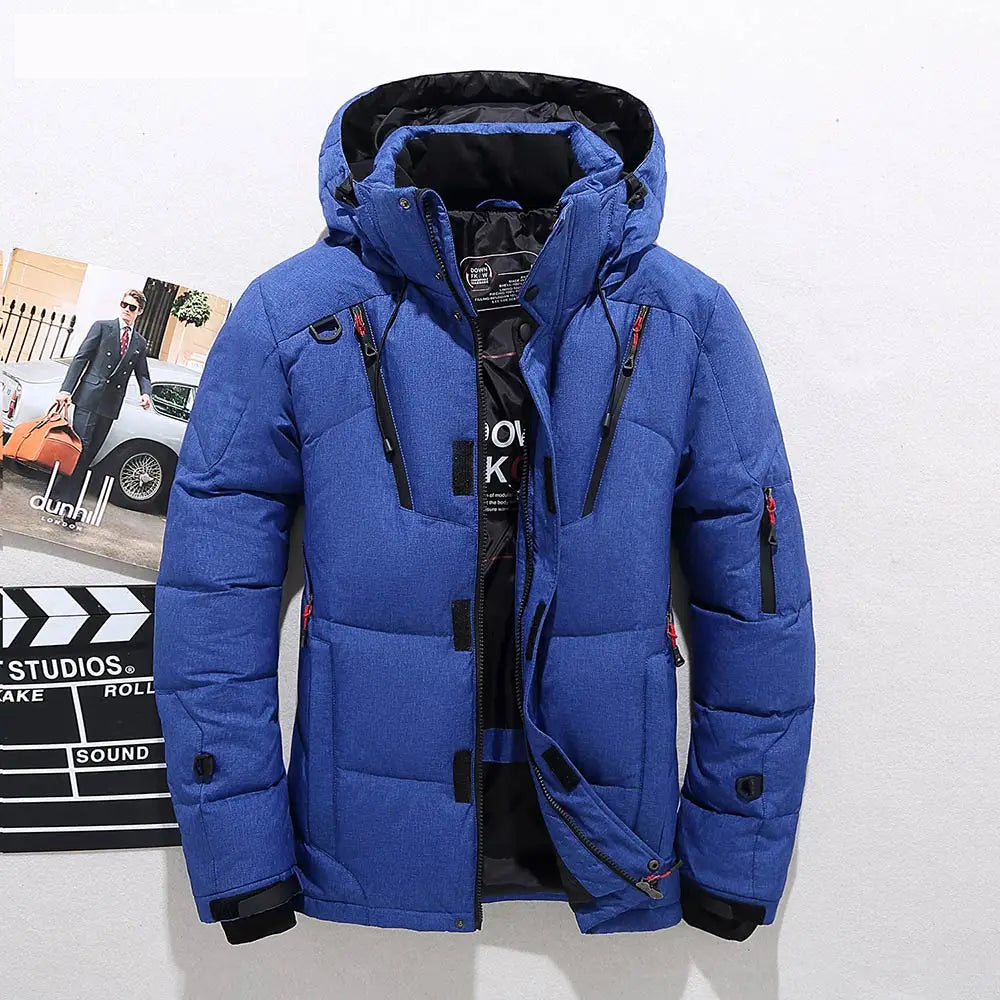 Men's black mid-length puffer jacket with detachable hood and durable polyester shell