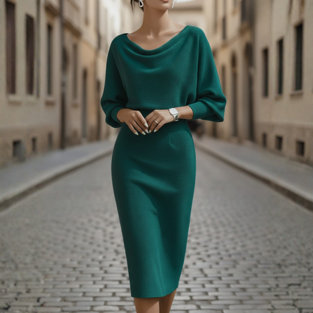 Women's wide neck elegant dress in soft fabric, refined silhouette for work and formal occasions