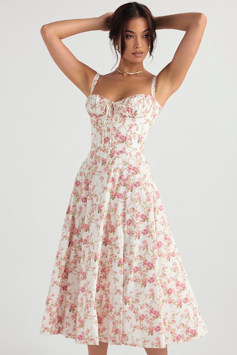 Fiery red corset midi dress with ruched detailing and flared hem, sculpted waist for date night