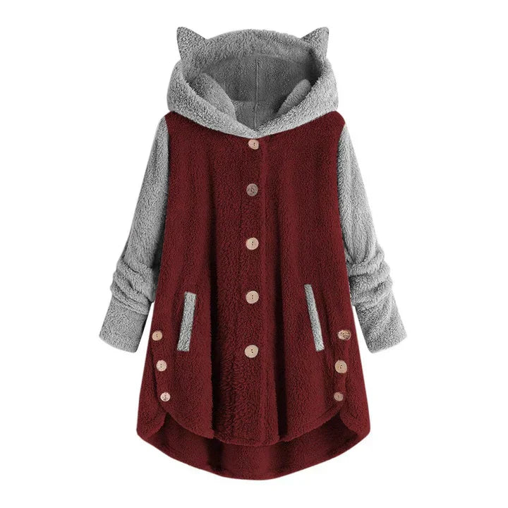 Women's cat-ear hooded fleece sweatshirt with contrast sleeves, cozy playful style
