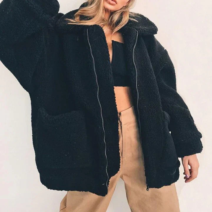 Women's fleece sweatshirt wide collar cozy fit soft fabric everyday casual warmth comfort