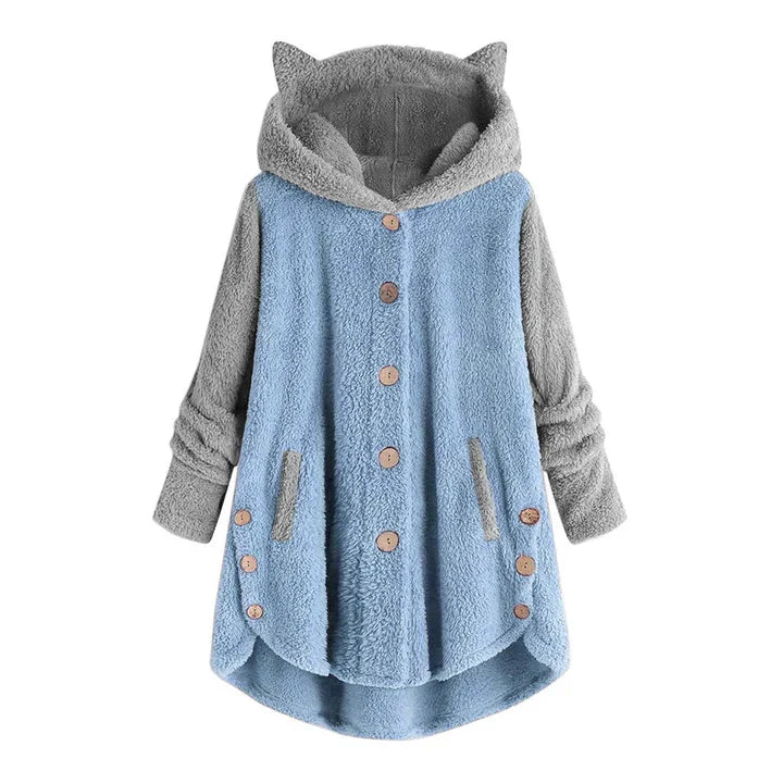 Women's cat-ear fleece sweatshirt with contrast sleeves, cozy hooded pullover with playful whimsical design