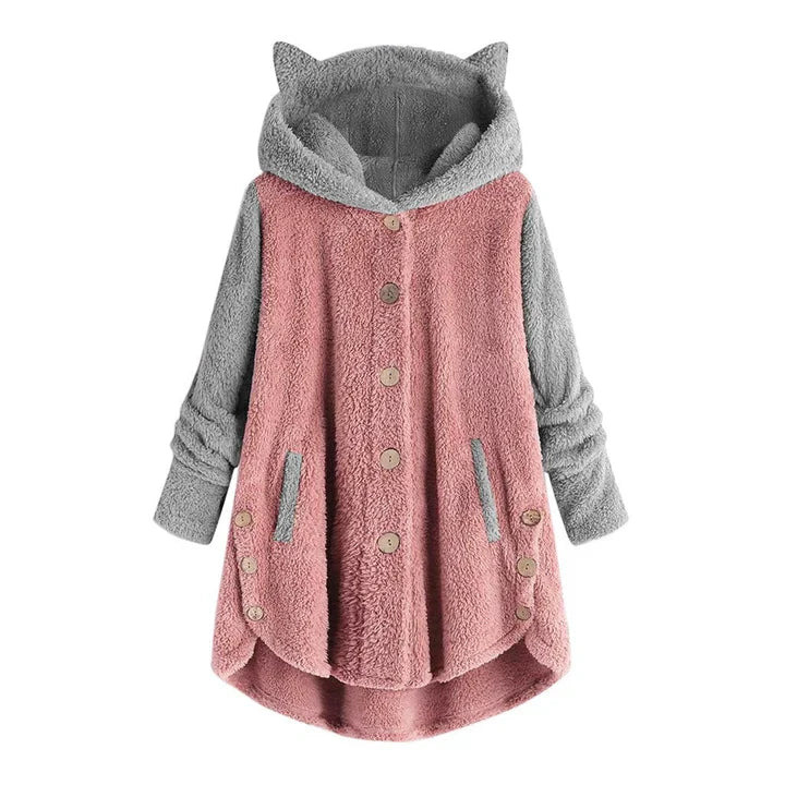 Women's cat-ear hooded fleece sweatshirt with contrast sleeves, cozy playful style