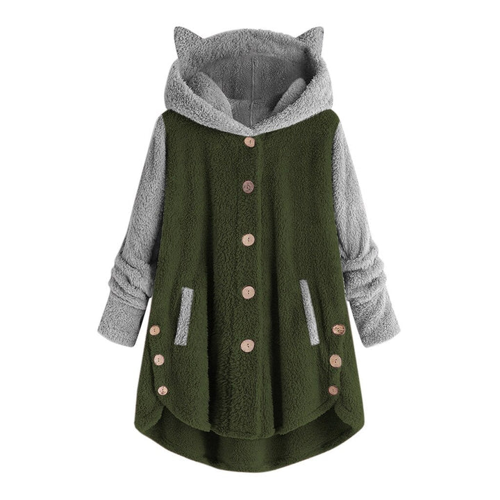 Women's cat-ear hooded fleece sweatshirt with contrast sleeves in cozy playful style