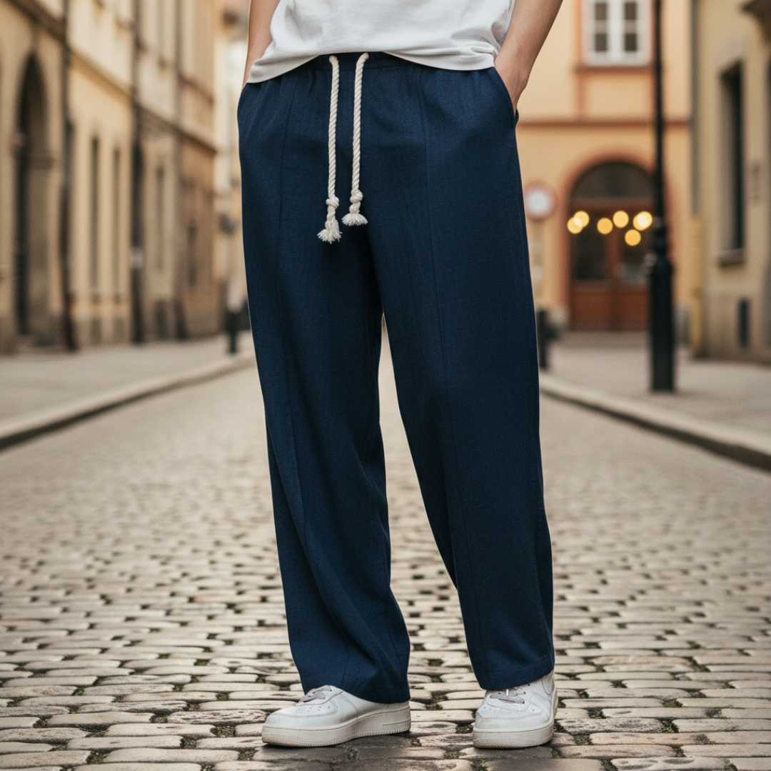 Men's casual drawstring pants adjustable waist everyday comfort fit available in white black blue red