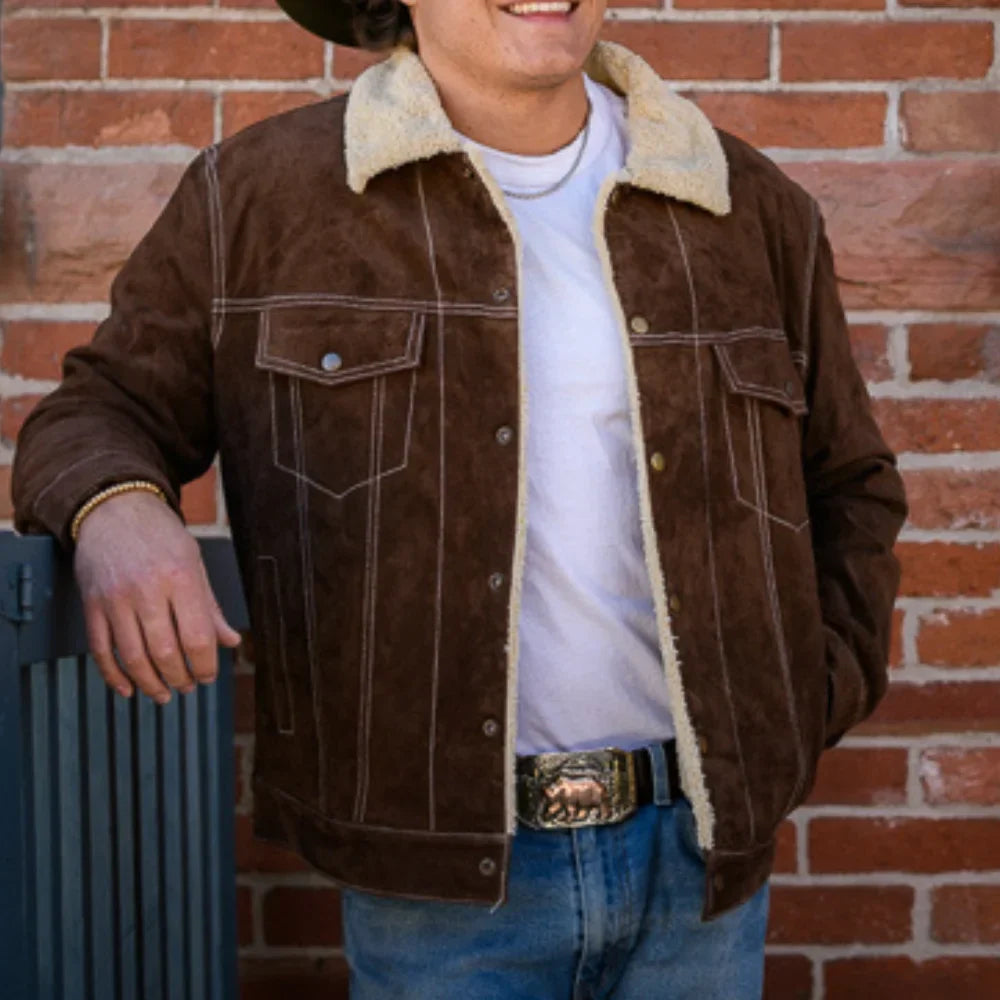 Men's brown boar suede jacket with plush Sherpa lining and button-down front for rugged winter warmth