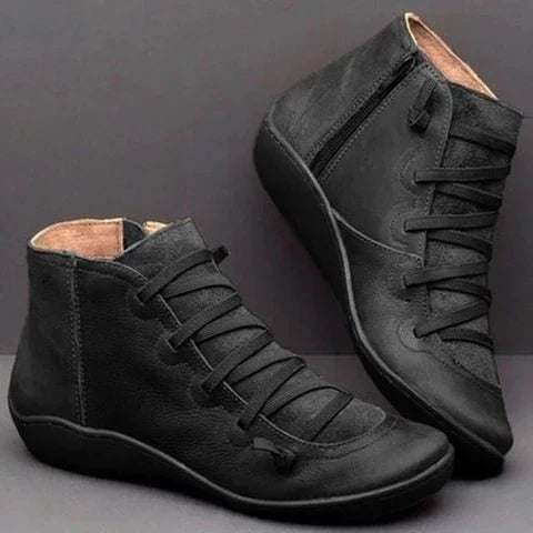 Women's black PU leather ankle boots narrow fit lace-up zipper chic versatile style