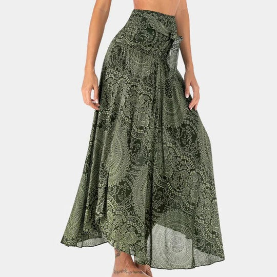 Flowy bohemian maxi skirt for women, relaxed fit with elastic waistband, minimalist full-length silhouette