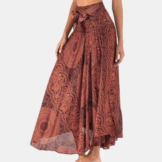 Flowy bohemian maxi skirt for women, relaxed fit, full-length silhouette with elastic waistband