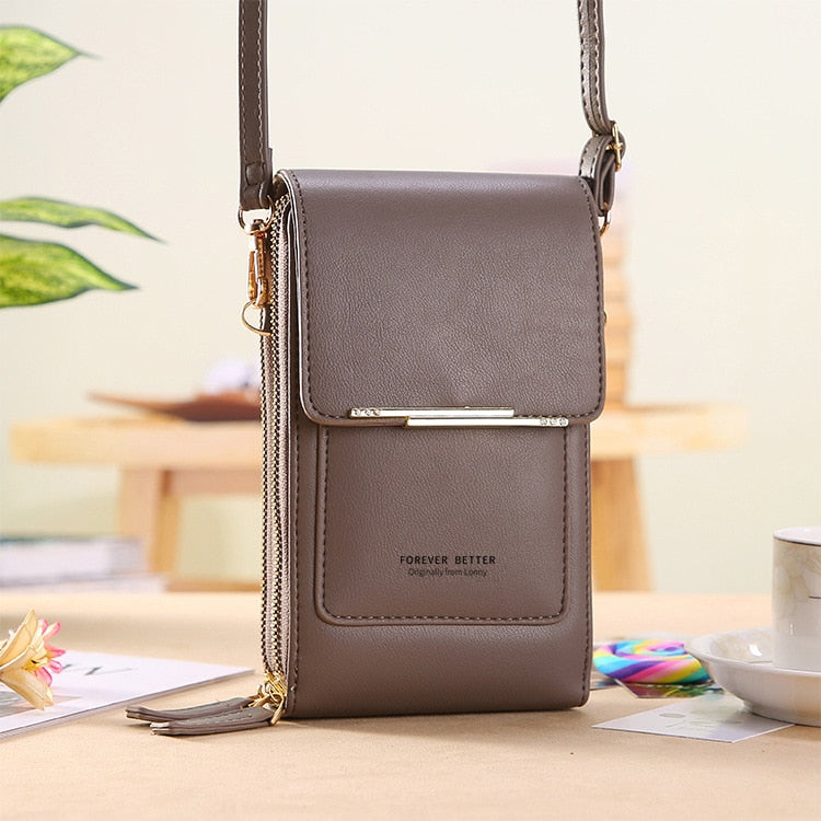 Ella black crossbody shoulder bag with touch-sensitive back panel for smartphone control