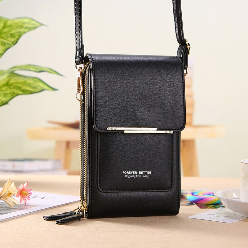 Ella premium black crossbody shoulder bag with touch-sensitive back panel for smartphone control