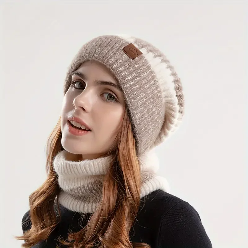 Women's cozy knit beanie and scarf two-piece set warm ribbed texture elegant winter layering