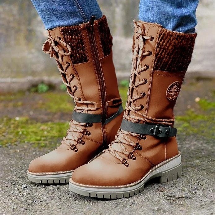 Women's Sara lace-up winter boots brown with ribbed knit cuff collar and lug sole grip