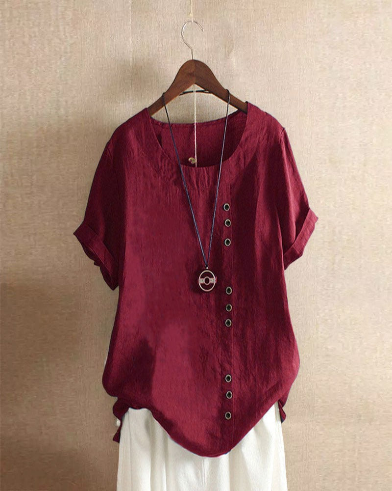 Women's solid short-sleeve blouse round collar button-front casual chic top bright colors clean silhouette
