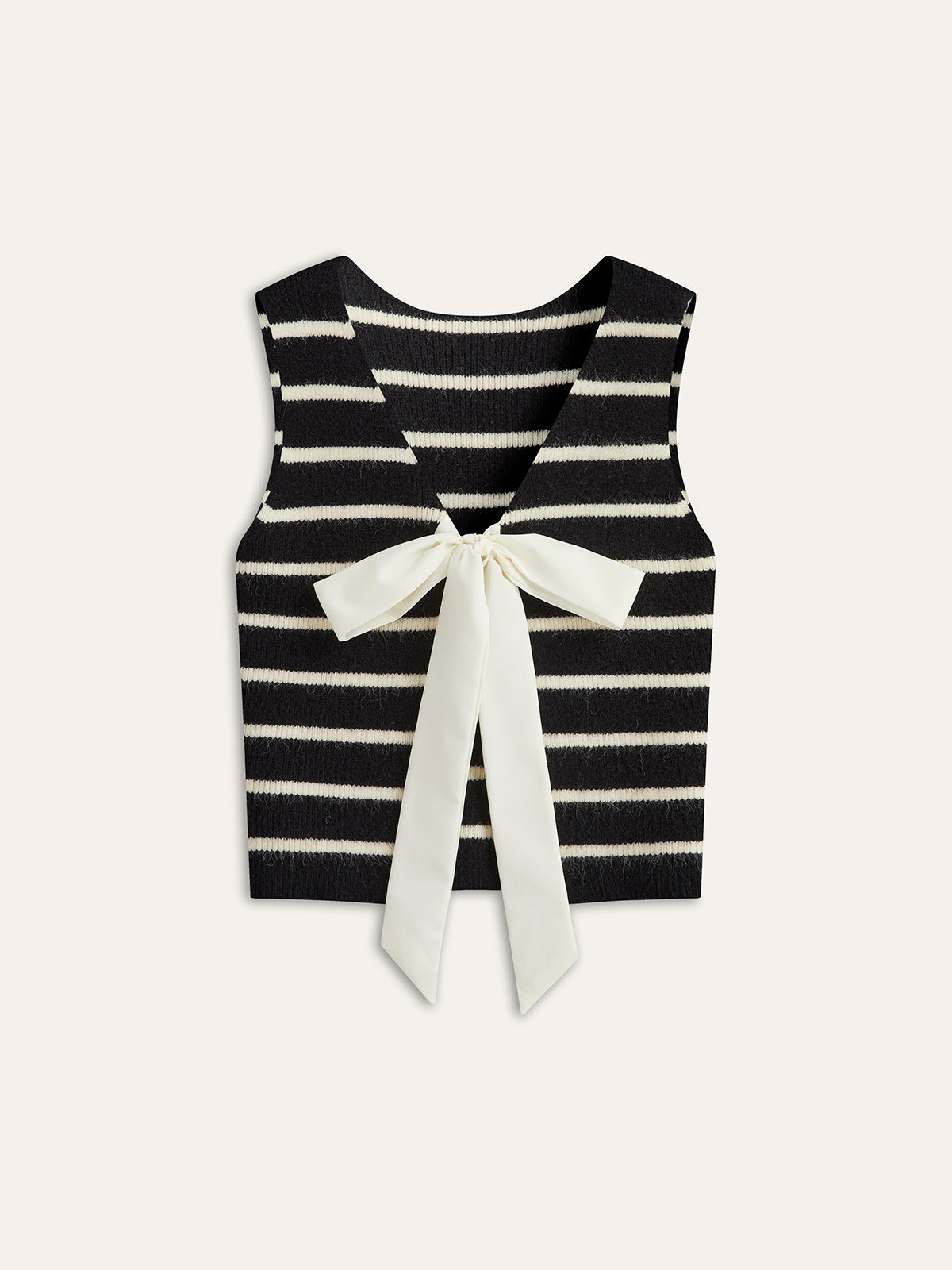 Women's striped sweater vest with open back satin bow detail, chic workwear knit top