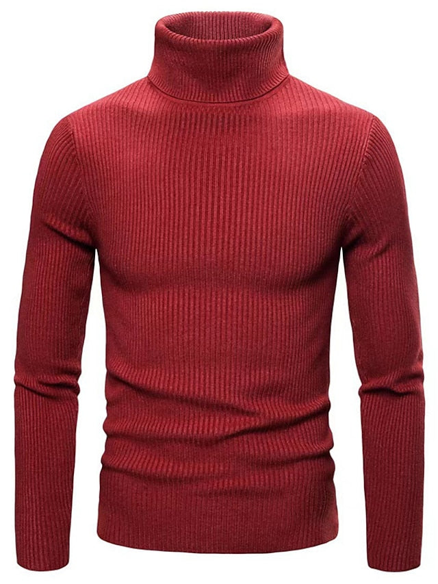 Men's ribbed knit turtleneck sweater in classic style with high neck collar for warmth and layering