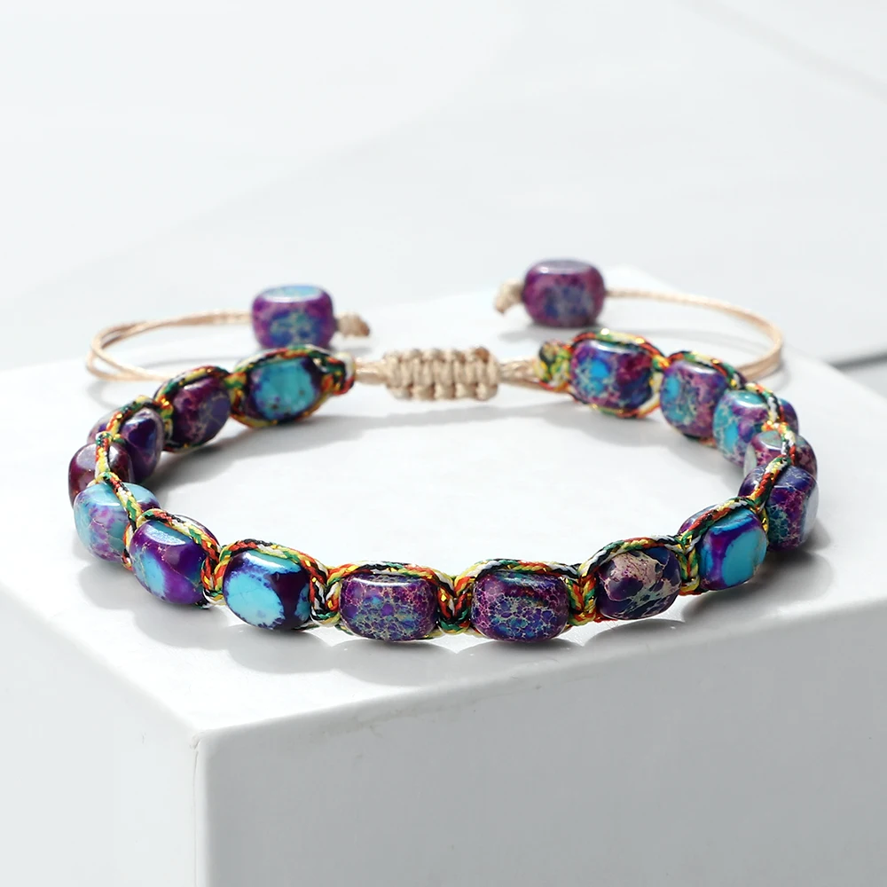 Boho imperial stone bracelet with adjustable sliding knot, lightweight hand-braided cord stackable design