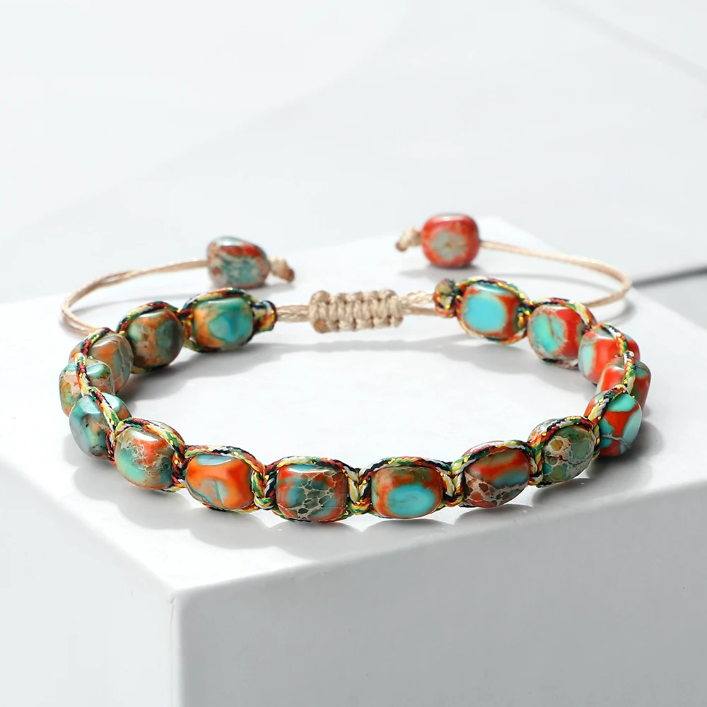 Boho imperial stone bracelet with hand-braided cord, adjustable sliding knot, lightweight stackable design