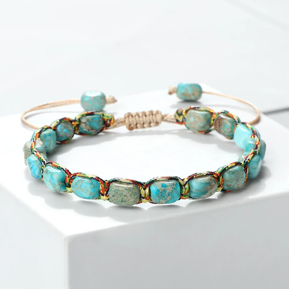 Boho imperial stone bracelet with hand-braided cord, adjustable sliding knot, lightweight stackable design