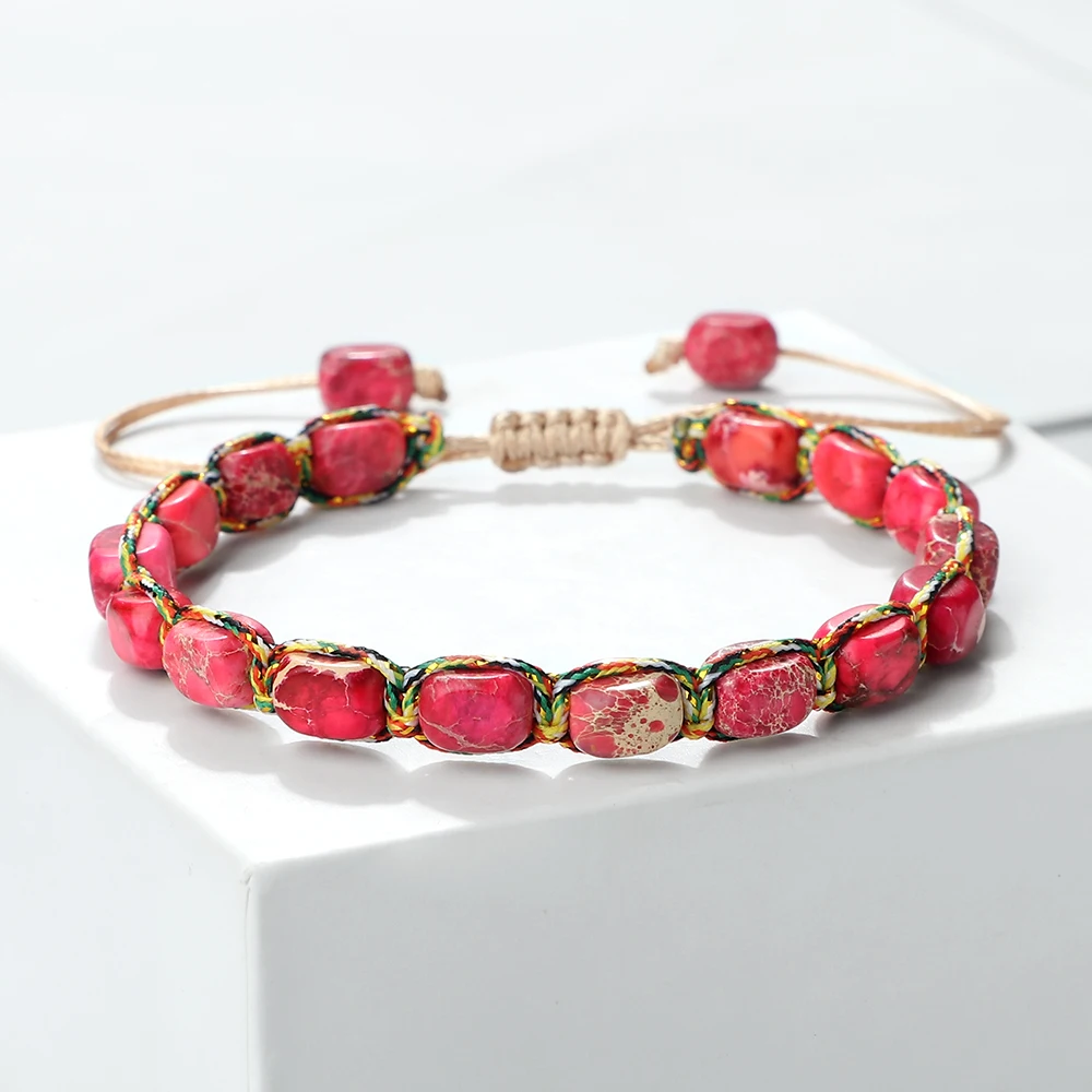 Boho imperial stone bracelet with hand-braided cord, adjustable sliding knot, lightweight stackable design