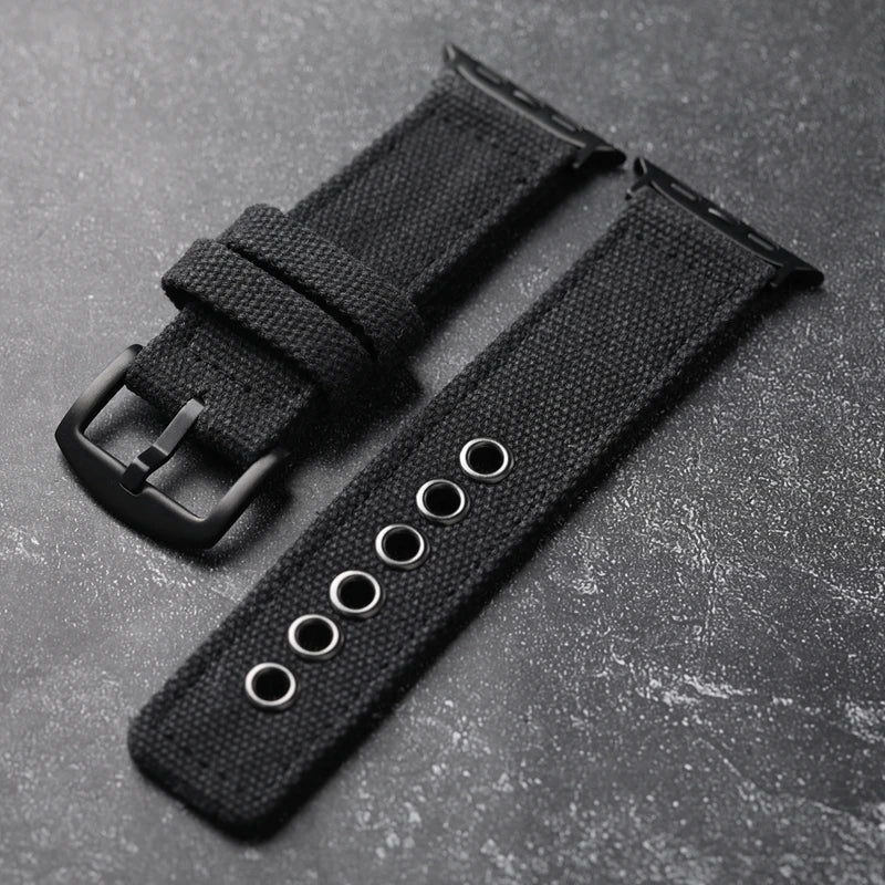 Rugged military-grade Apple Watch band in olive green with double reinforced stitching for outdoor use