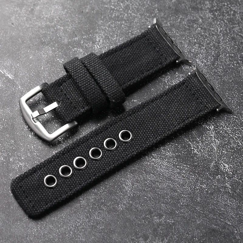 Rugged military-grade Apple Watch band in olive green with double reinforced stitching for outdoor use