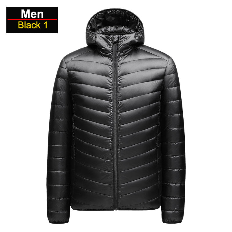 Men's winter blue ultralight puffer jacket packable windproof slim fit with zippered pockets