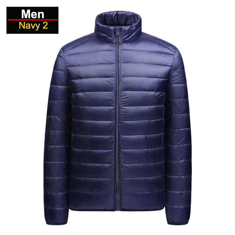 Men's winter blue ultralight puffer jacket packable windproof slim fit urban style