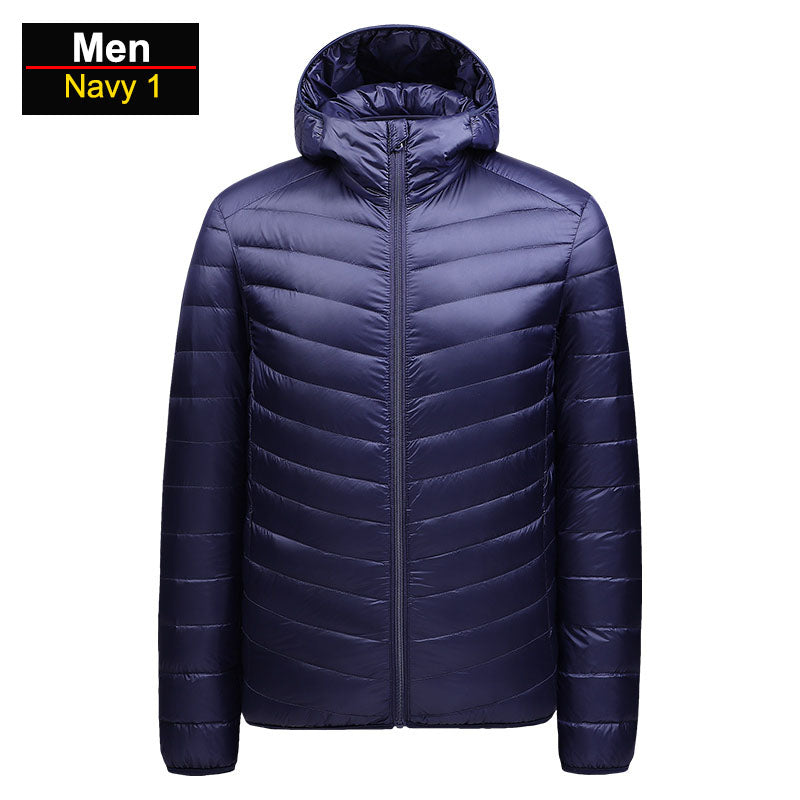 Men's winter blue ultralight puffer jacket packable windproof slim fit for cold weather