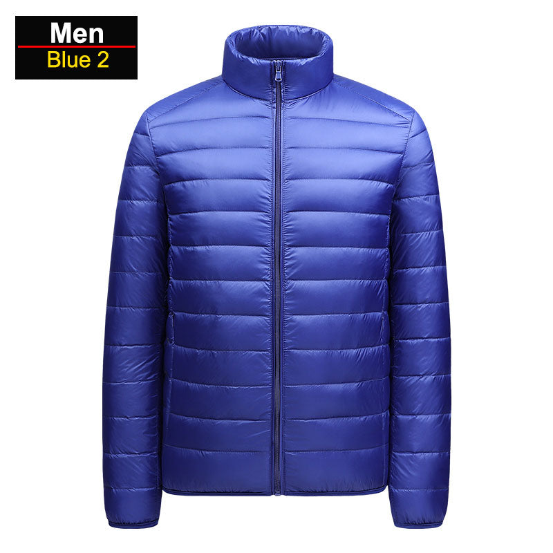 Men's ultralight winter blue puffer jacket packable windproof slim fit for cold outdoor adventures