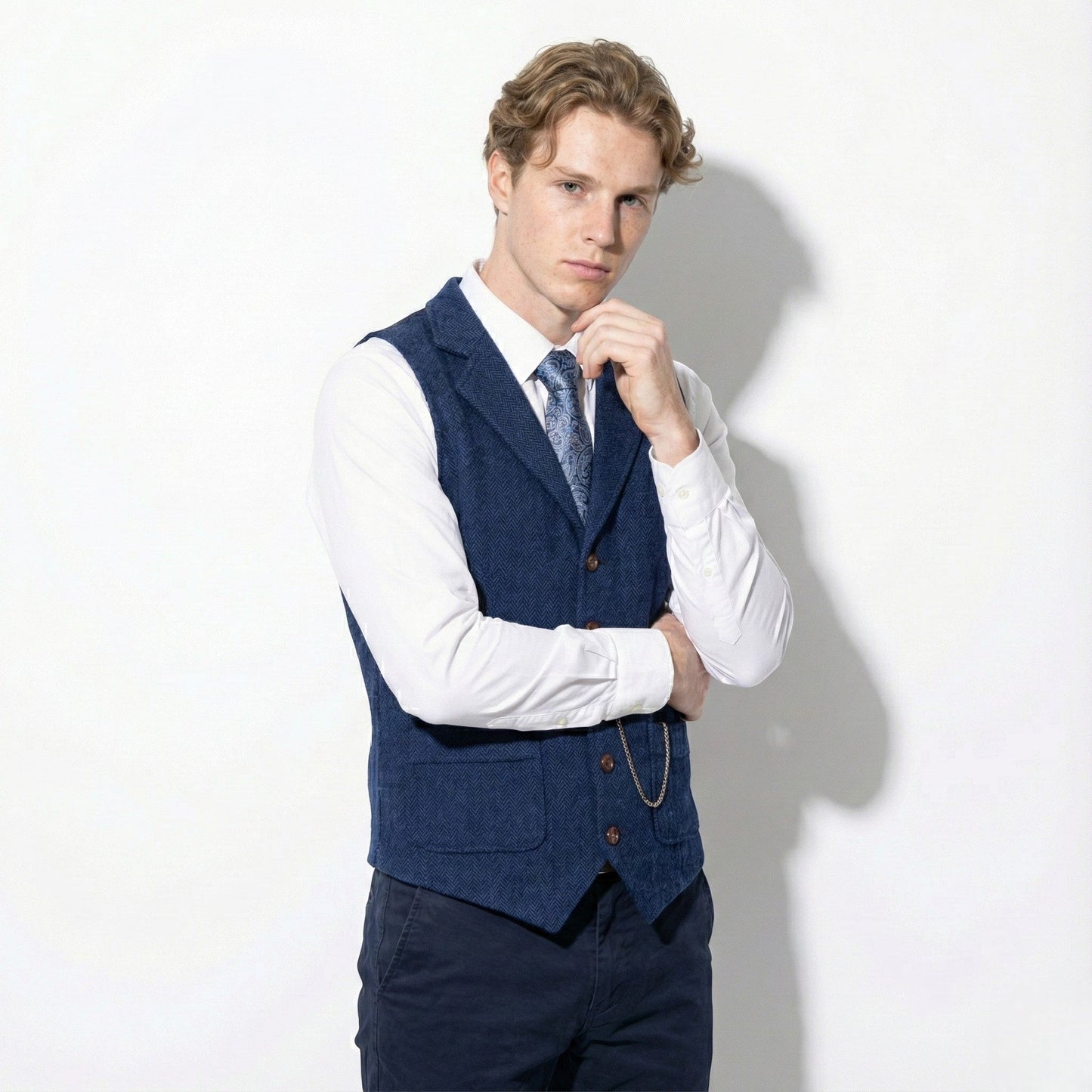 Men's brown tweed herringbone vest, notch lapel, six-button front, classic formal tailored fit