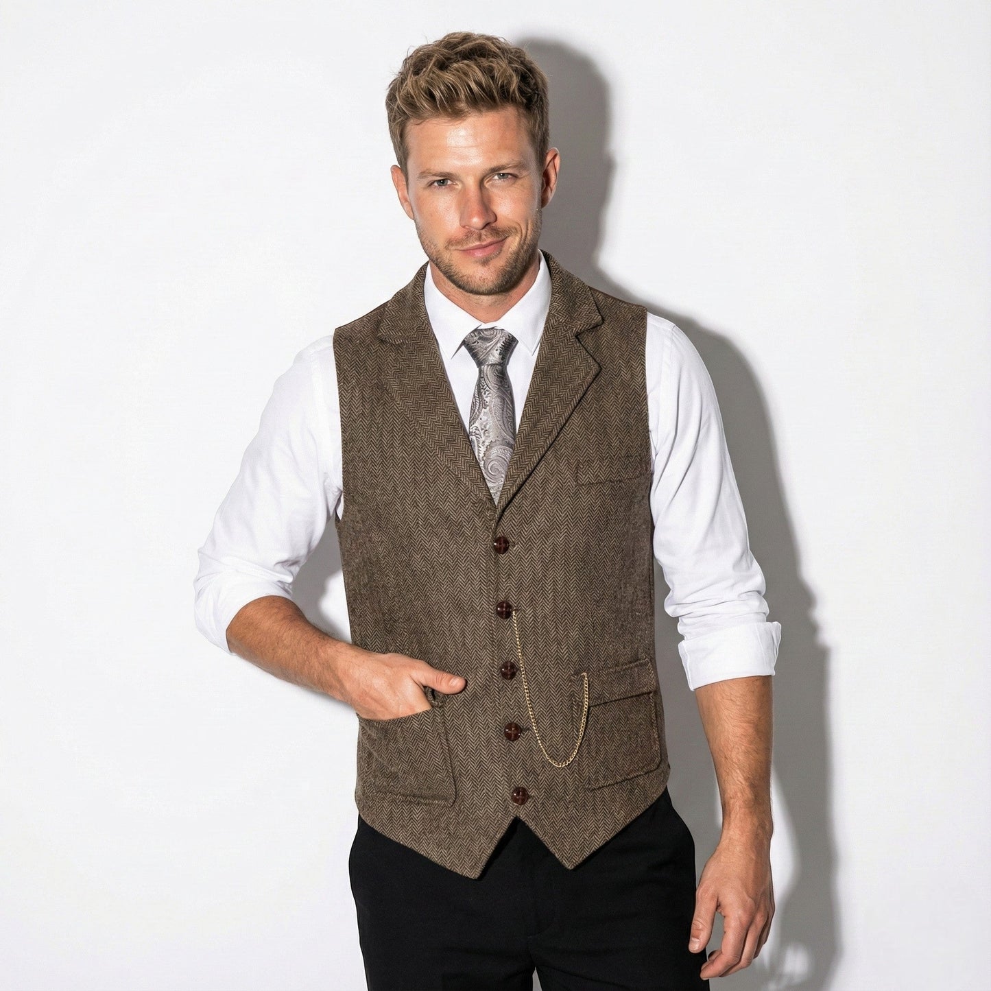 Men's brown tweed herringbone vest, notch lapel, six-button front, formal casual classic fit