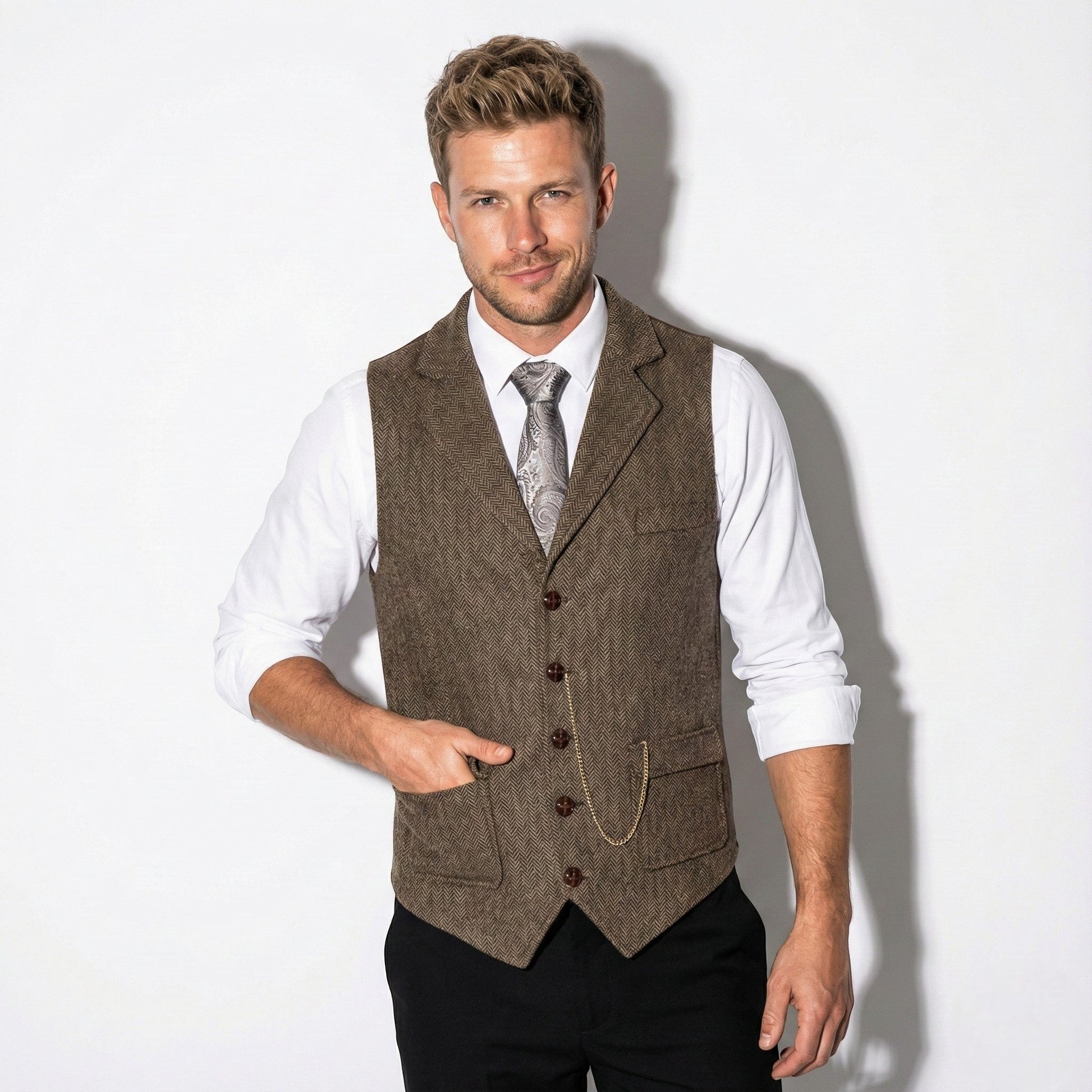Men's brown tweed herringbone vest, notch lapel, six-button front, formal casual classic fit