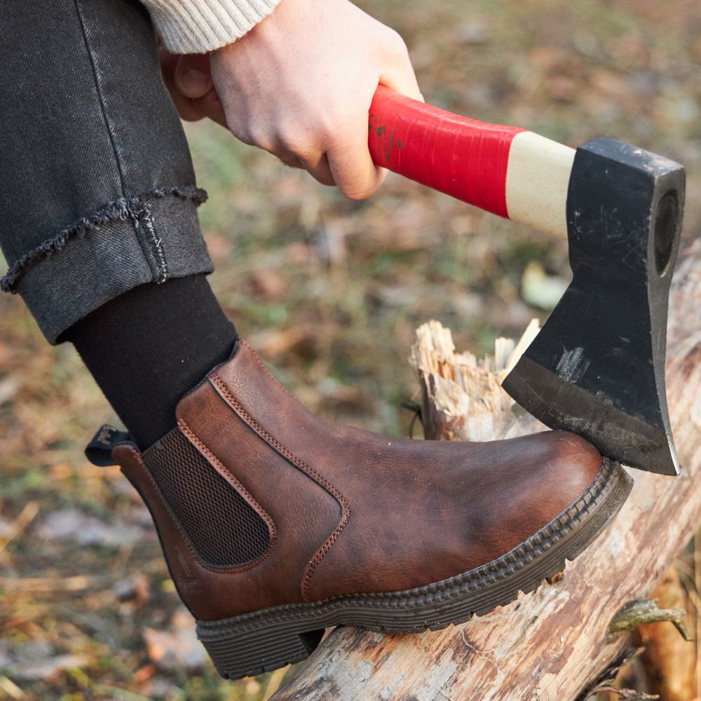 Men's brown leather Chelsea boots slip-on style with polished upper and comfort fit everyday wear