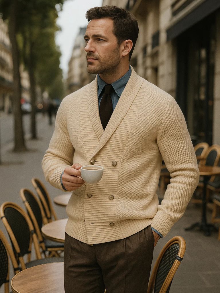 Men's dark navy shawl collar knit cardigan double-breasted front with textured pattern