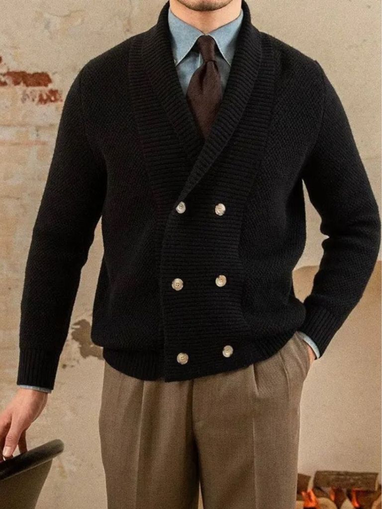 Men's navy shawl collar knit cardigan, double-breasted front with textured knit pattern