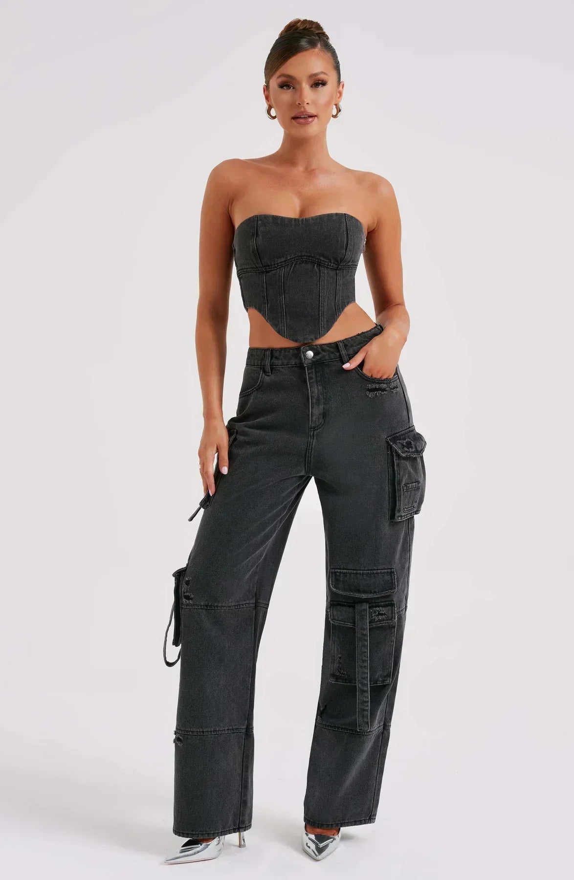 Women's denim corset tailored short-cut silhouette with lace-up back in classic blue cotton denim