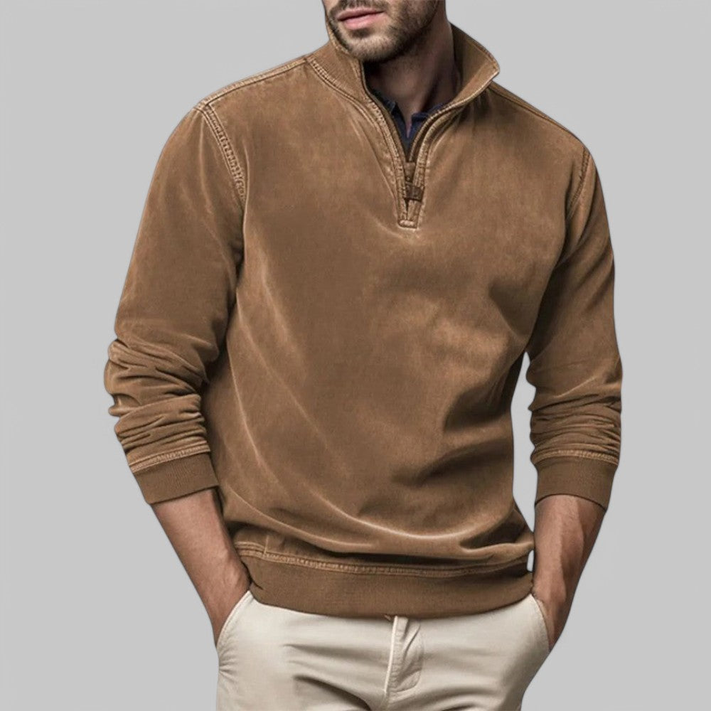 Men's gray half-zip stand collar sweater, relaxed fit casual layering jumper with refined detail