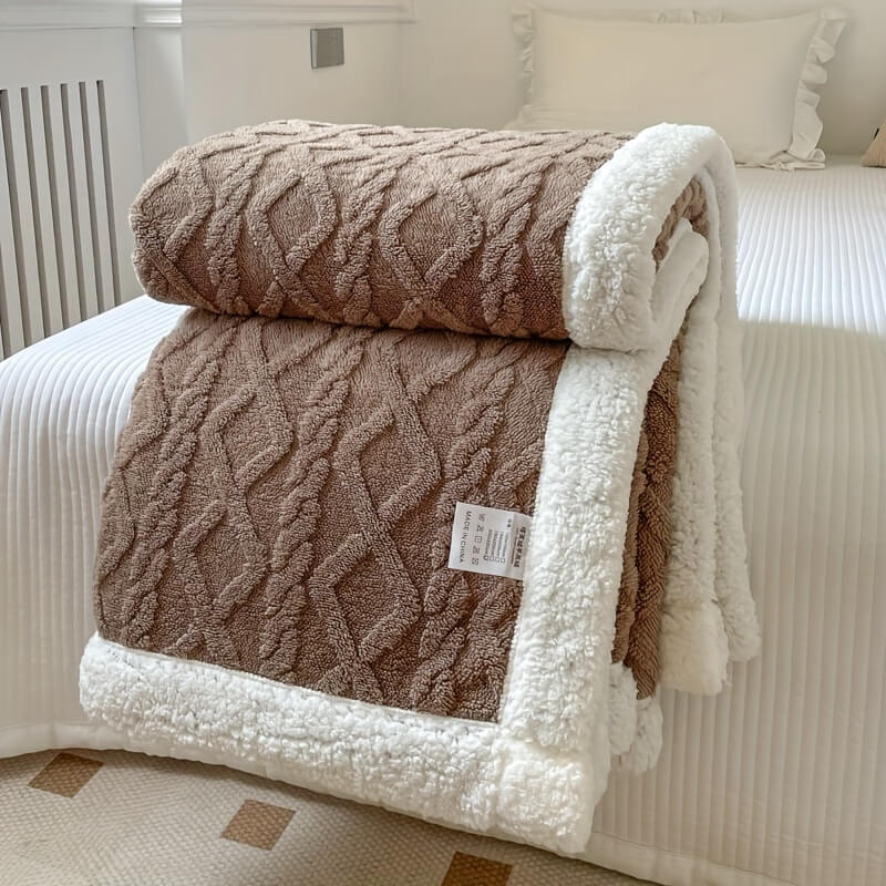 Ivory sherpa throw blanket with diamond texture dual-sided fleece design for cozy modern home decor