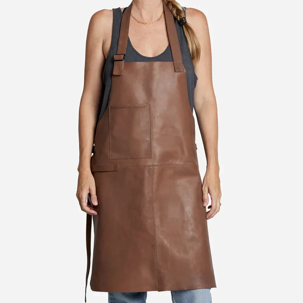 Genuine brown full-grain Ethiopian leather apron handcrafted for grilling and woodwork with natural patina