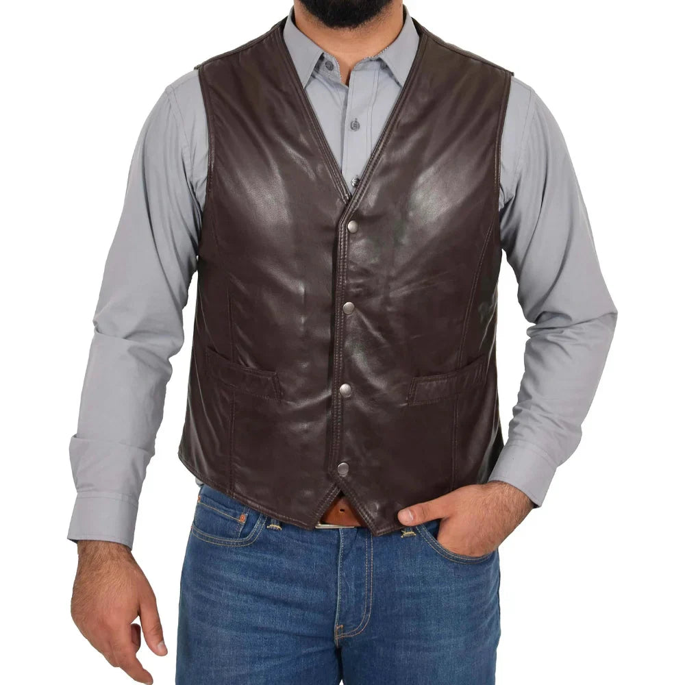 Black genuine leather biker vest traditional waistcoat cut with soft viscose lining for men