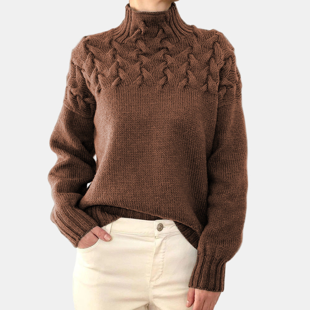 Women's cream cable knit turtleneck sweater relaxed fit with raised texture bodice detailing