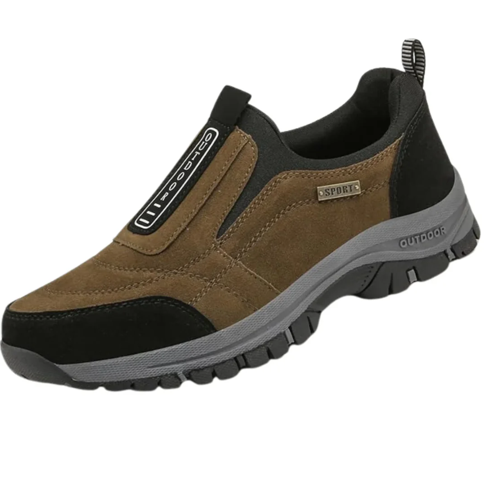 Men's slip-on hiking shoes in rugged brown with ankle support and trail-ready grip sole