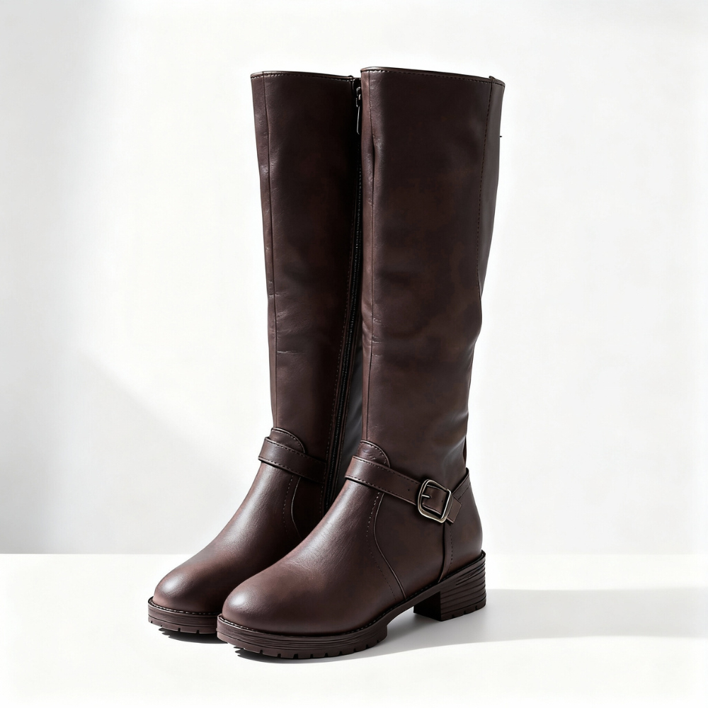 Women's black faux leather knee-high riding boots with lug sole, buckle detail, and side zip